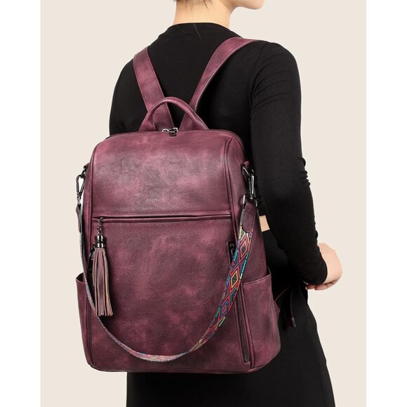 Women's Wine Red Retro Style Backpack Designer 15.6 inch PU Leather Laptop Bag - Picture 2 of 9